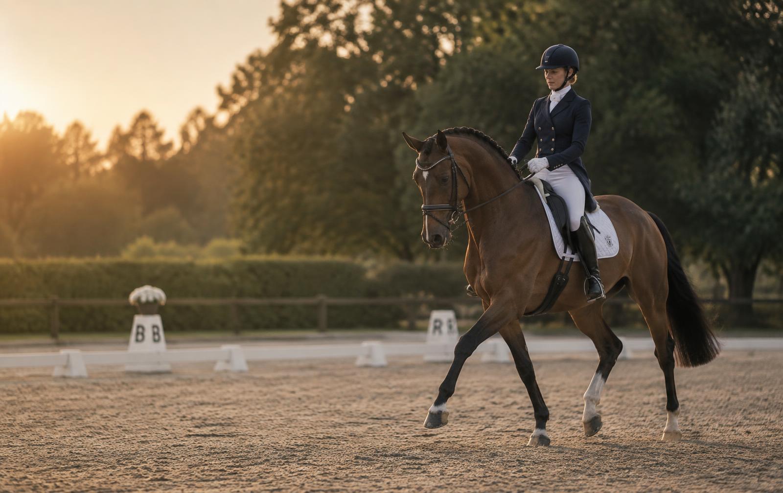 Rider and bay horse in trot in a sand arena at sunset